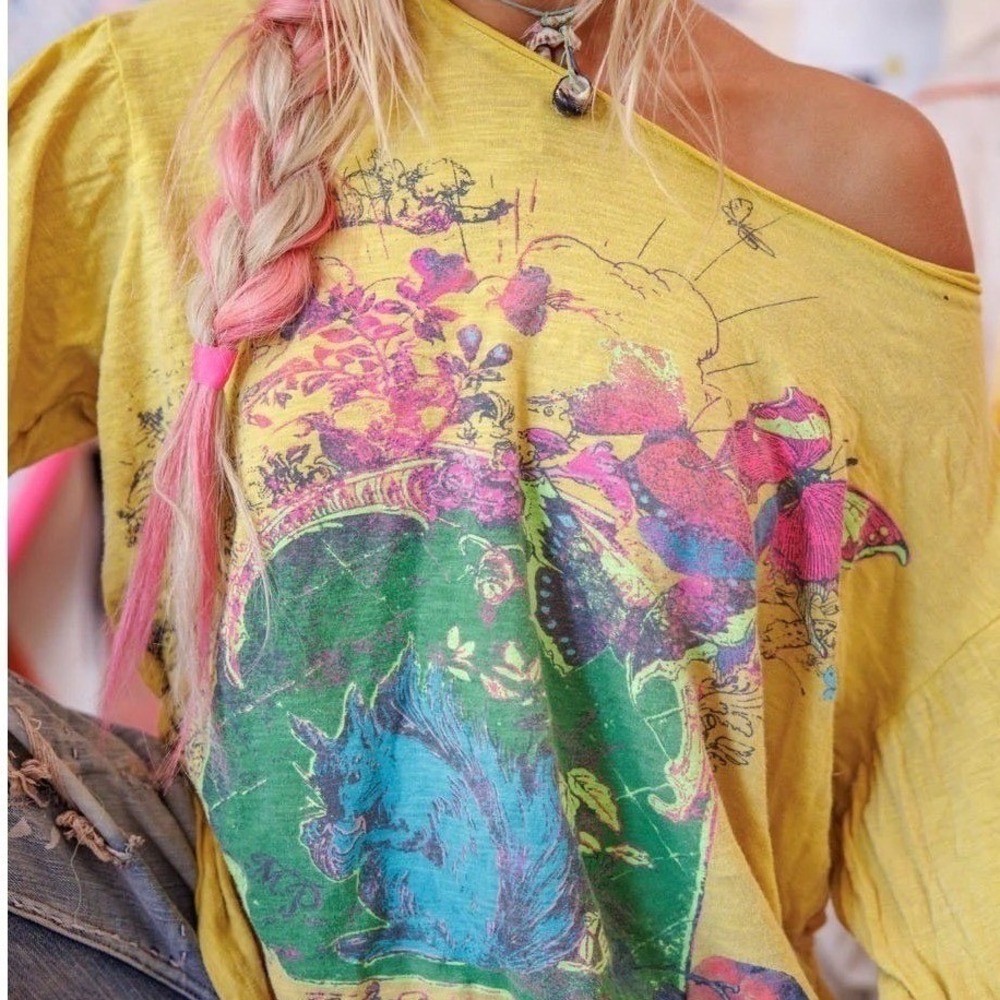 Magnolia Pearl I'm Just Squirrel Yellow Long Sleeve Tee Shirt NWT Distressed‎